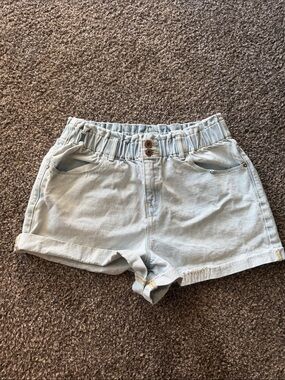 Women's Light Blue Paper Bag Washed Denim Elastic-Waist Jean Shorts
